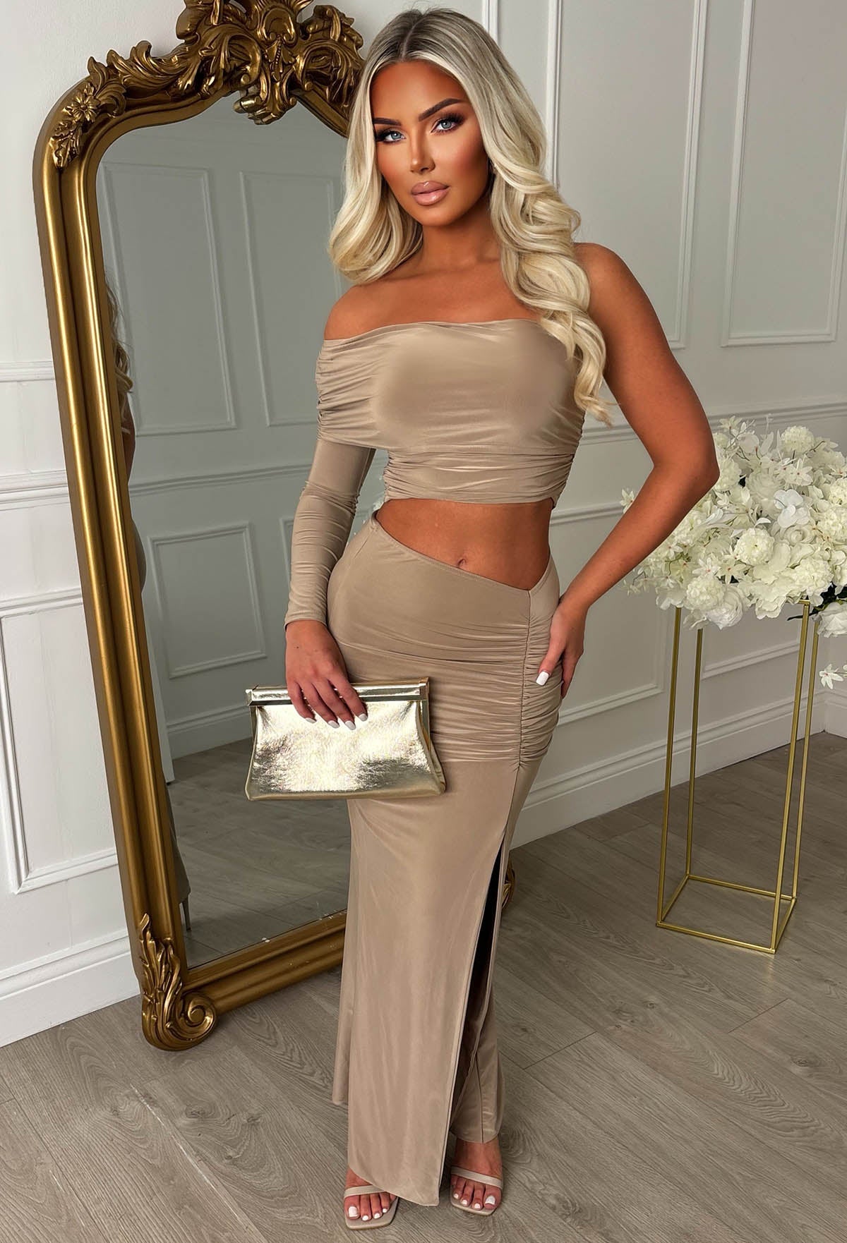 Gold Long Skirt Co Ord The Best Asset Taupe Ruched Slinky One