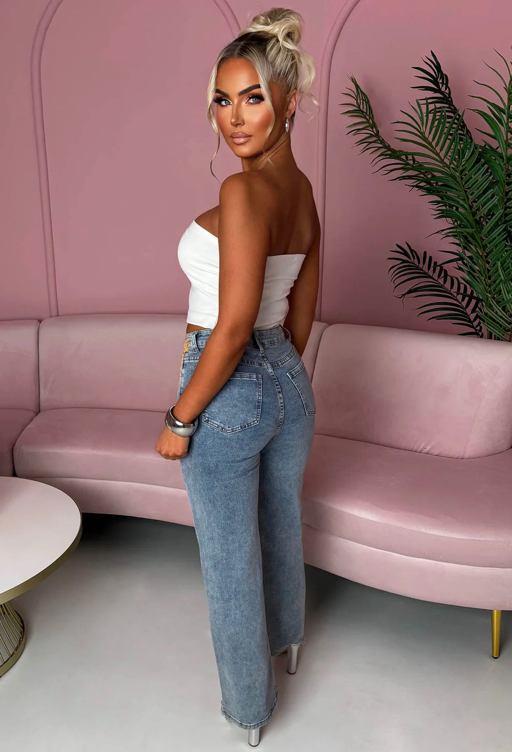 The Muse Mid Wash Stretch Graffiti Wide Leg Jeans