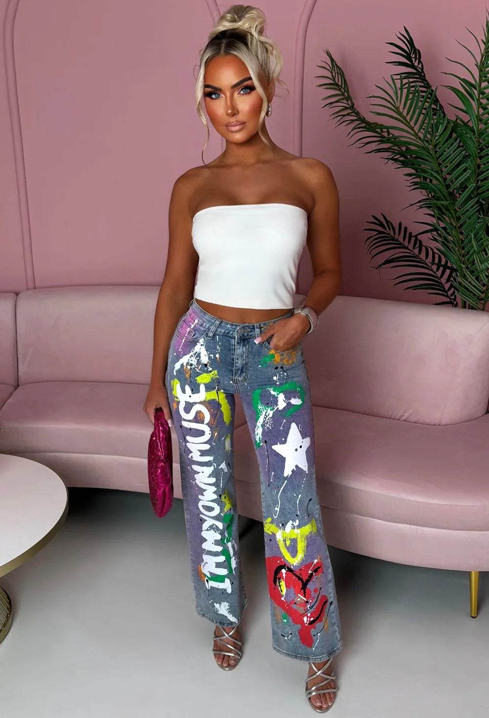 The Muse Mid Wash Stretch Graffiti Wide Leg Jeans