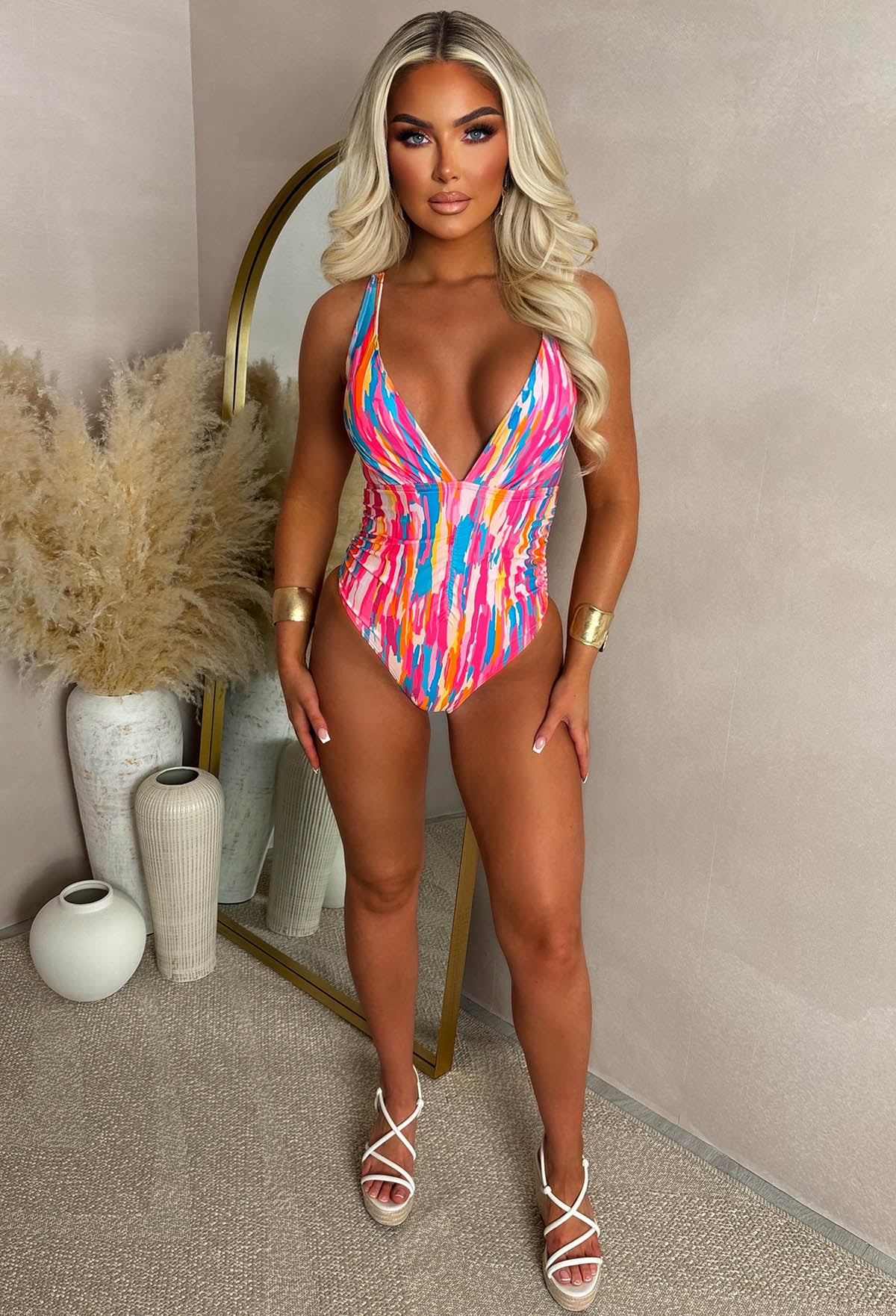 The Riviera Multi Deep Plunge Ruched Printed Swimsuit