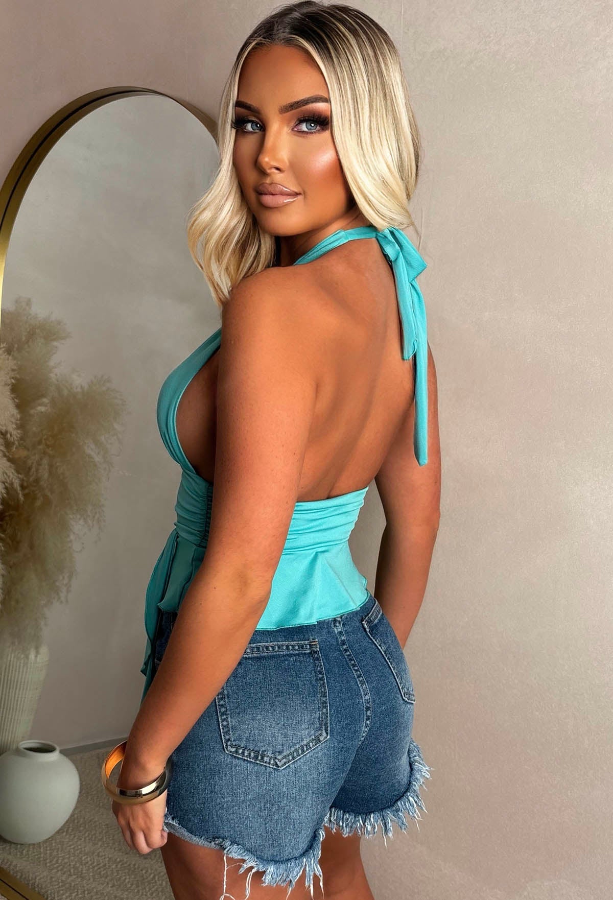 Thrill Seeker Teal Halter Neck Frill Stretch Top