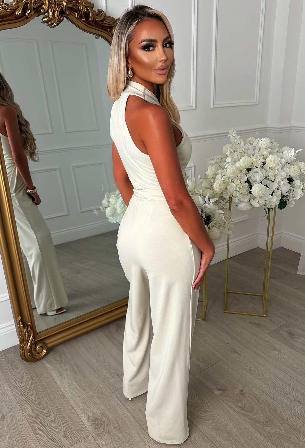Tied Temptation Cream Cross Over Halter Belted Jumpsuit
