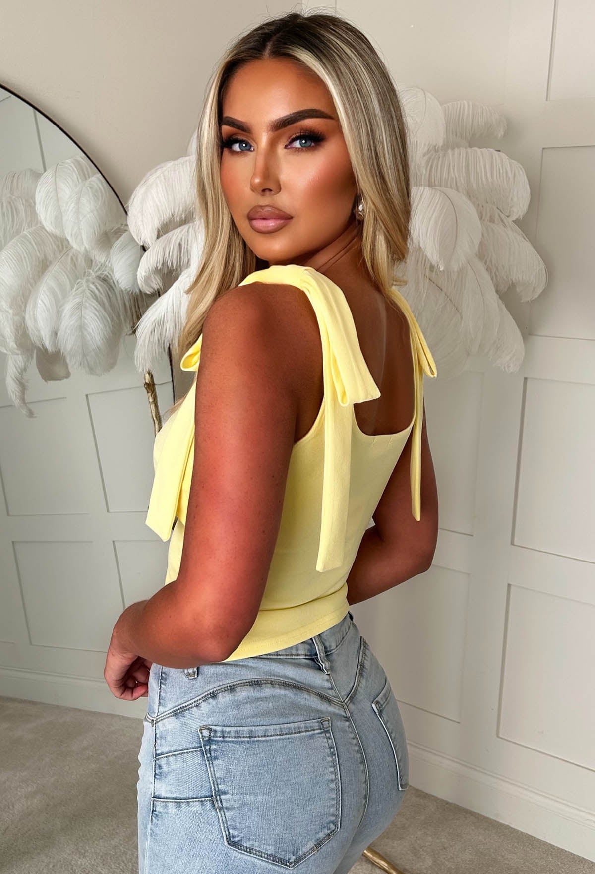 Tied Temptress Yellow Bow Shoulder Top