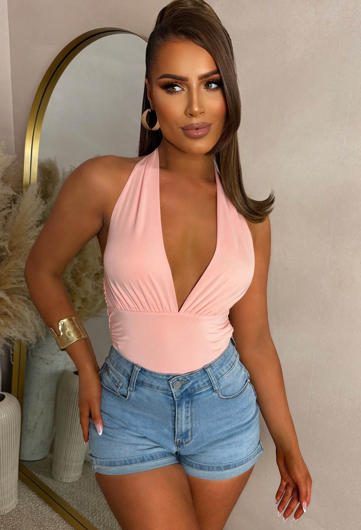 Tied To Us Light Pink Jersey Halter Neck Top