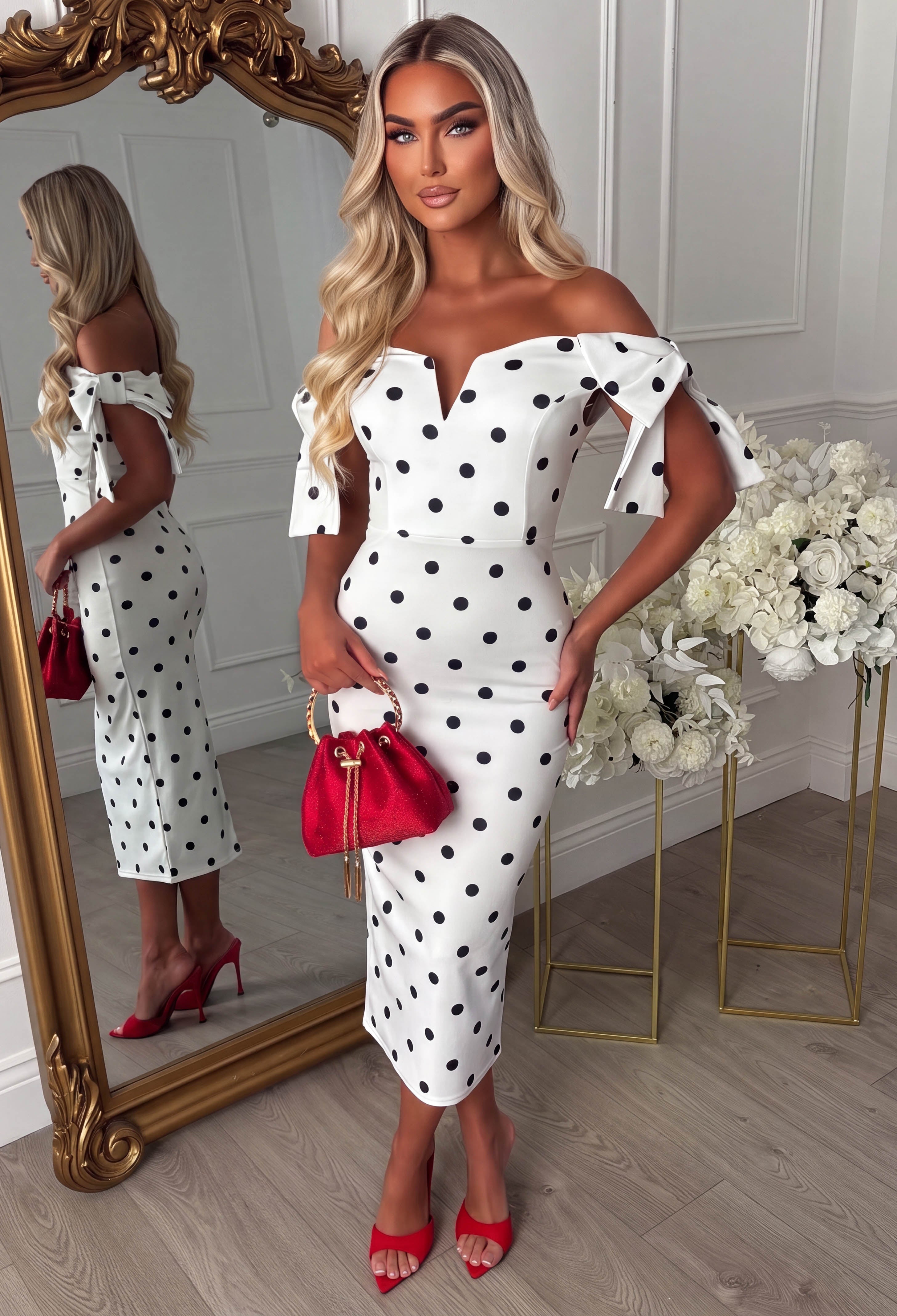 Polka Dot Monochrome Midaxi Dress With Side Bow