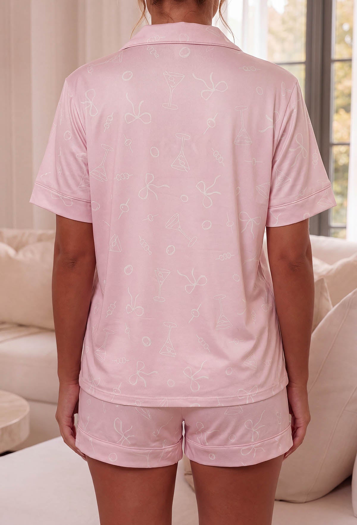 Light Pink Martini Print Short Sleeve Pyjama Set Close Up Print Detail Back View