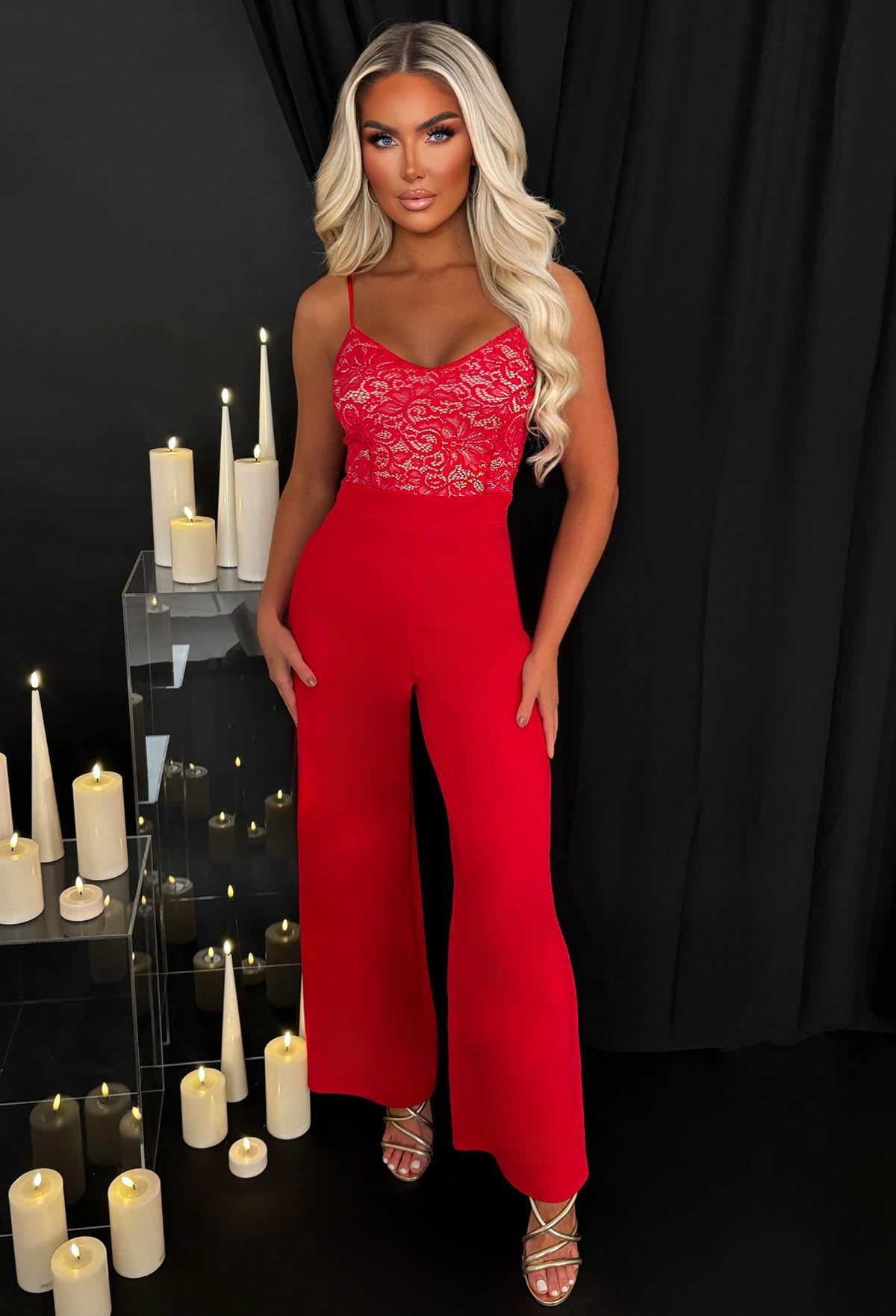 Too Chic Red Lace Cami Jumpsuit