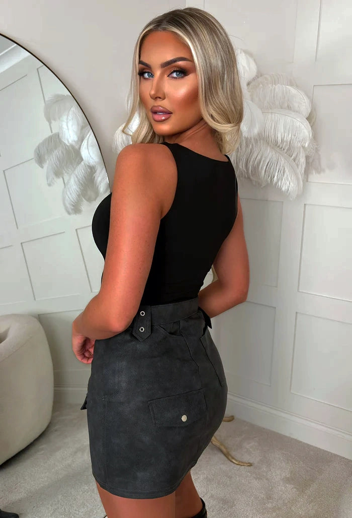 Too Cool For You Black Distressed Faux Leather Belted Cargo Skirt