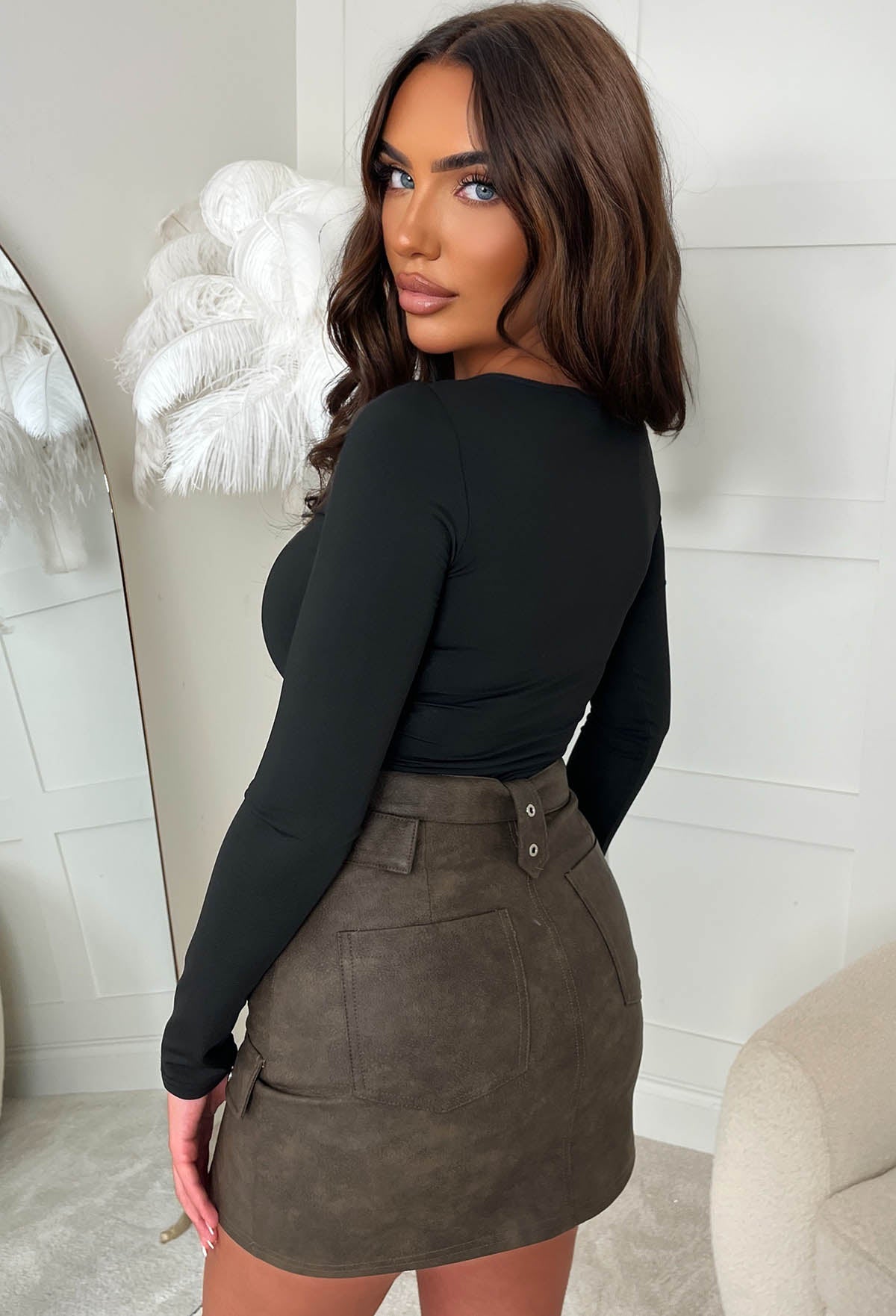 Too Cool For You Brown Distressed Faux Leather Belted Cargo Skirt