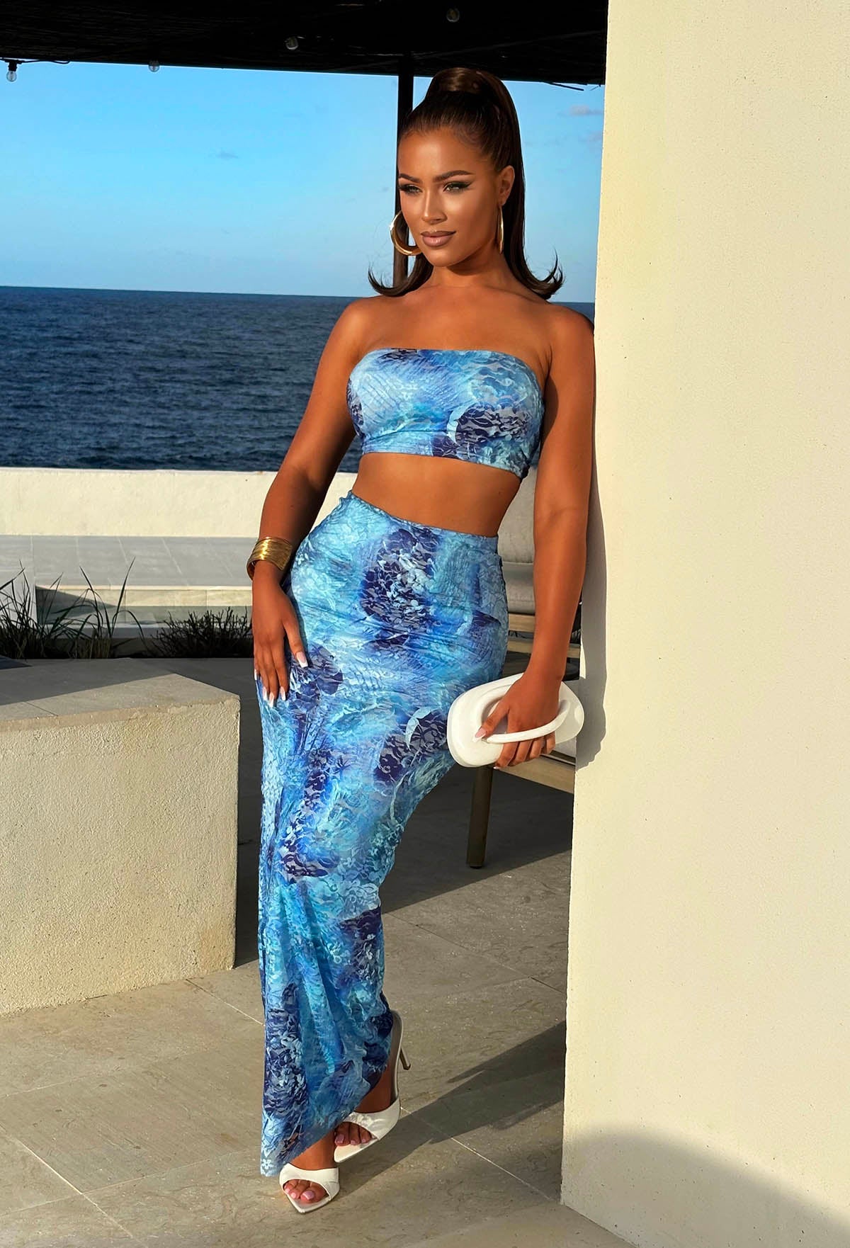 Blue Printed Lace Skirt Co-Ord Set Full Length Front View