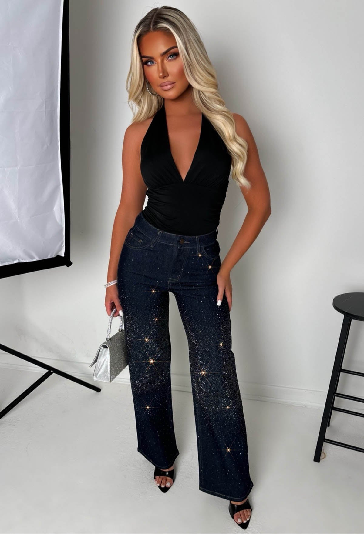 Too Hot To Handle Dark Wash Hot Fix Stretch Straight Leg Jeans