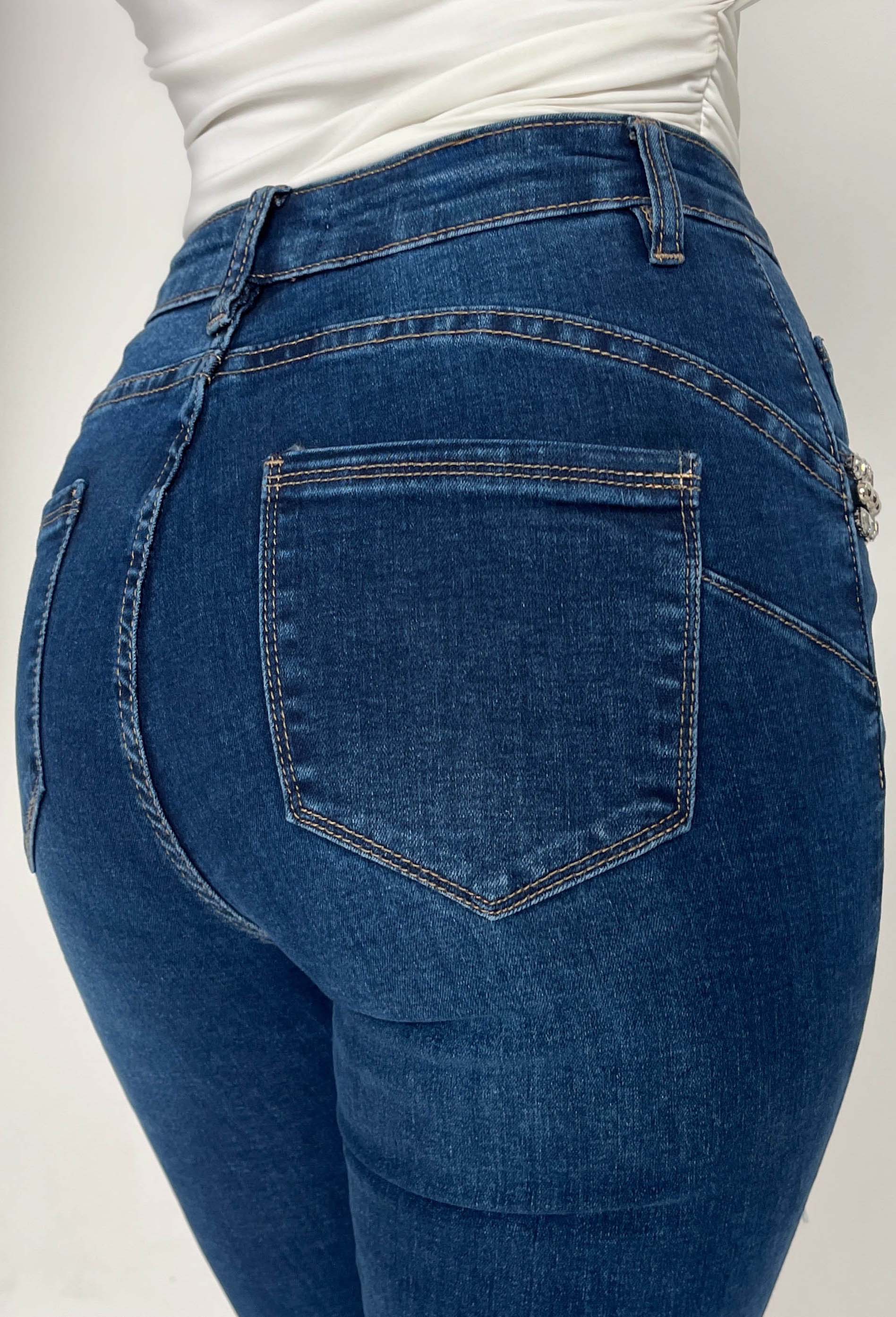 Too Much? Dark Blue Low Rise Stretch Diamante Trim Flare Jean