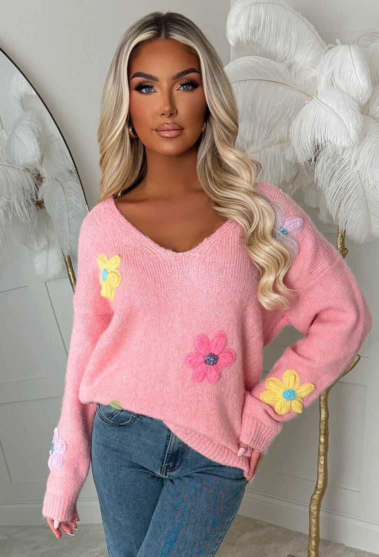 Too Sweet Baby Pink Off The Shoulder Flower Jumper
