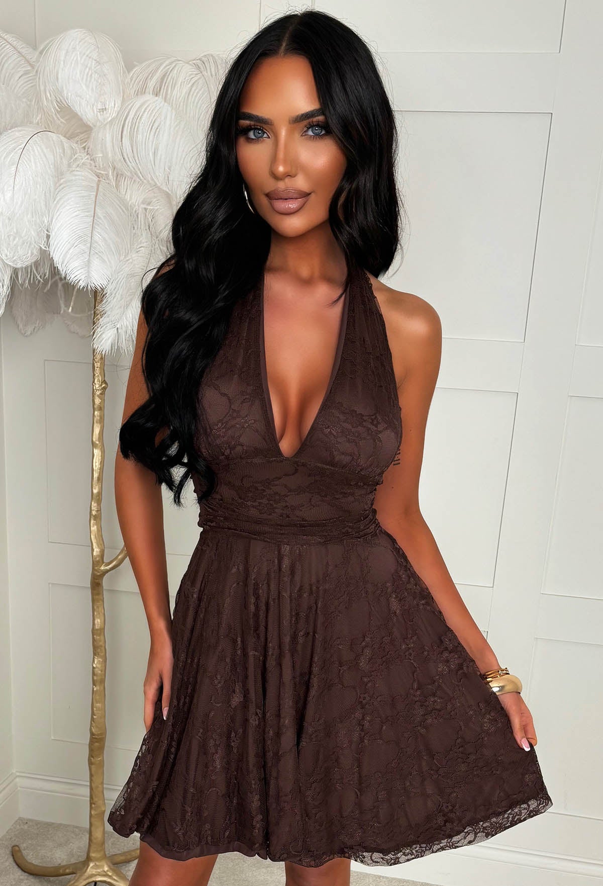 Treasure Forever Brown Halterneck Lace Mini Dress