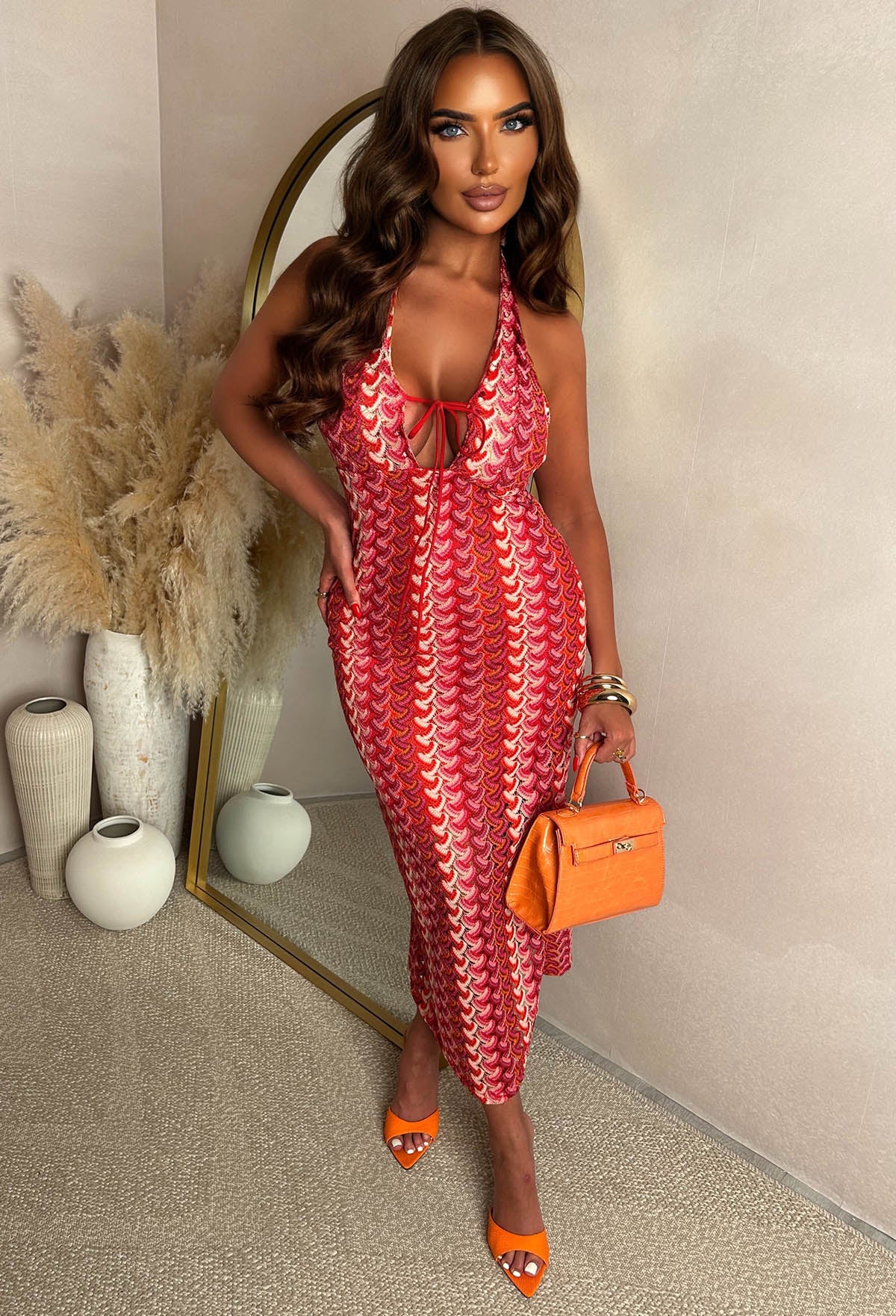 Tropic Tease Red Knitted Zig Zag Plunge Maxi Dress | Pink Boutique Tropic Tease Red Knitted Zig Zag Plunge Maxi Dress | Pink Boutique