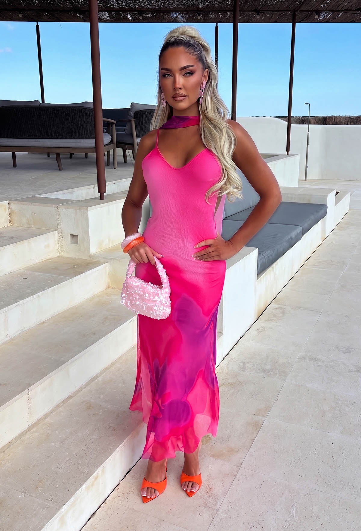 Tropical Sunrise Fuchsia Print Cami Scarf Detail Maxi Dress