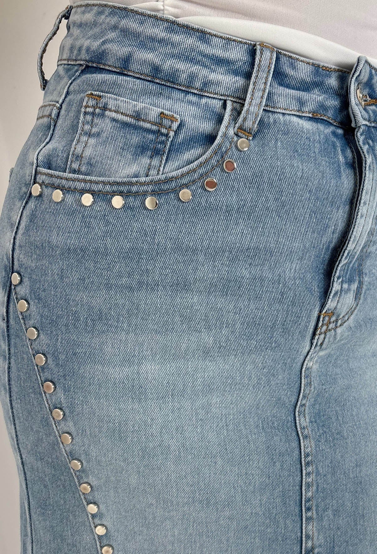 True Blue Light Wash Stretch Denim Studded Skirt