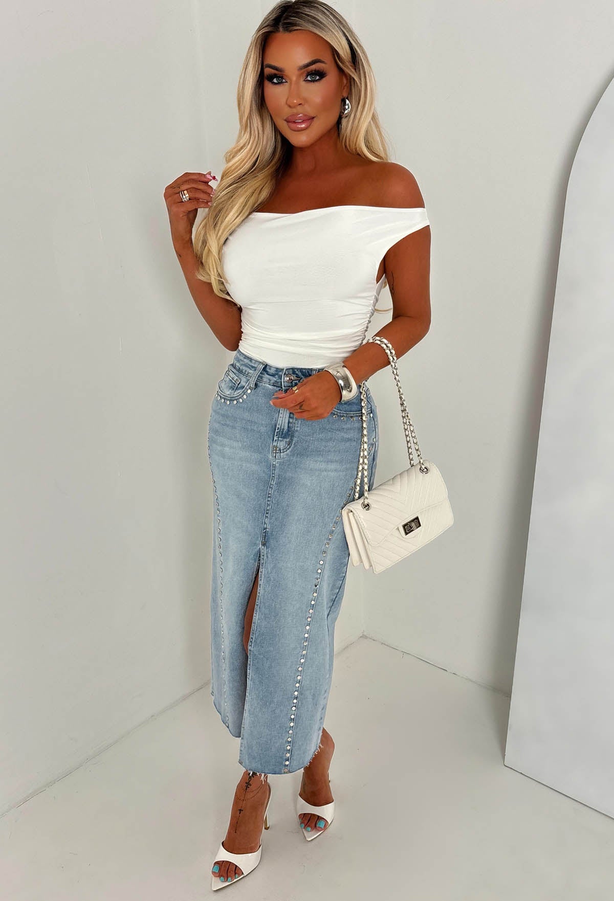 True Blue Light Wash Stretch Denim Studded Skirt