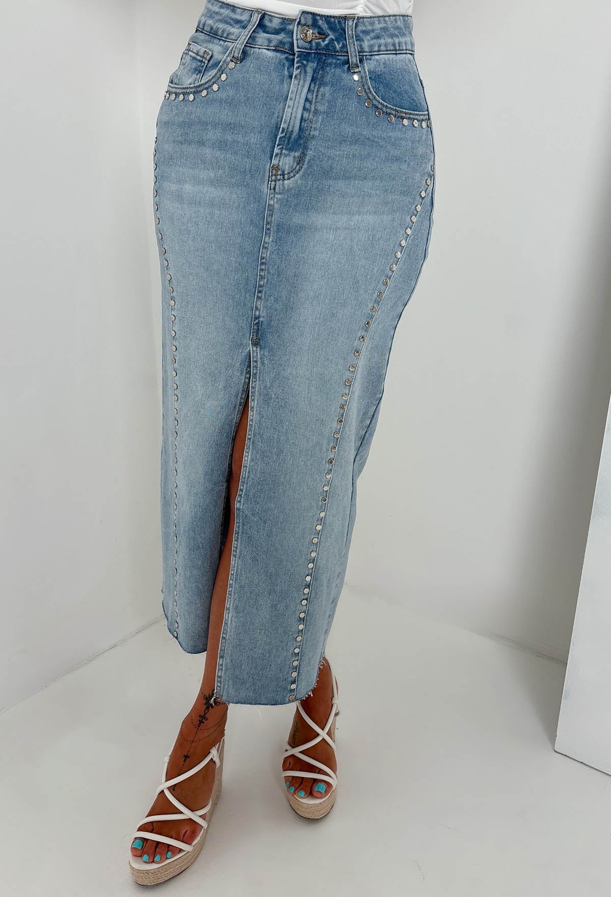 True Blue Light Wash Stretch Denim Studded Skirt