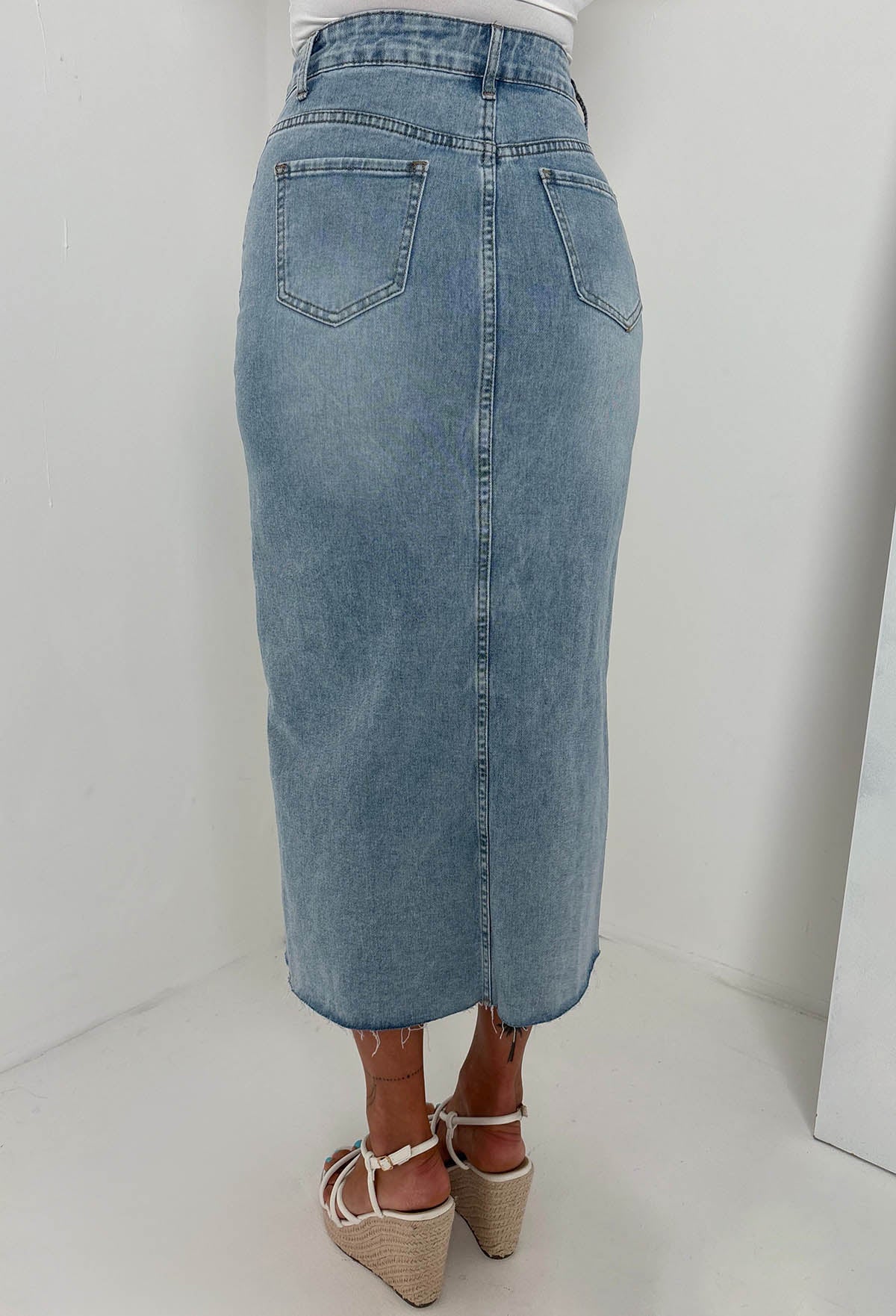 True Blue Light Wash Stretch Denim Studded Skirt