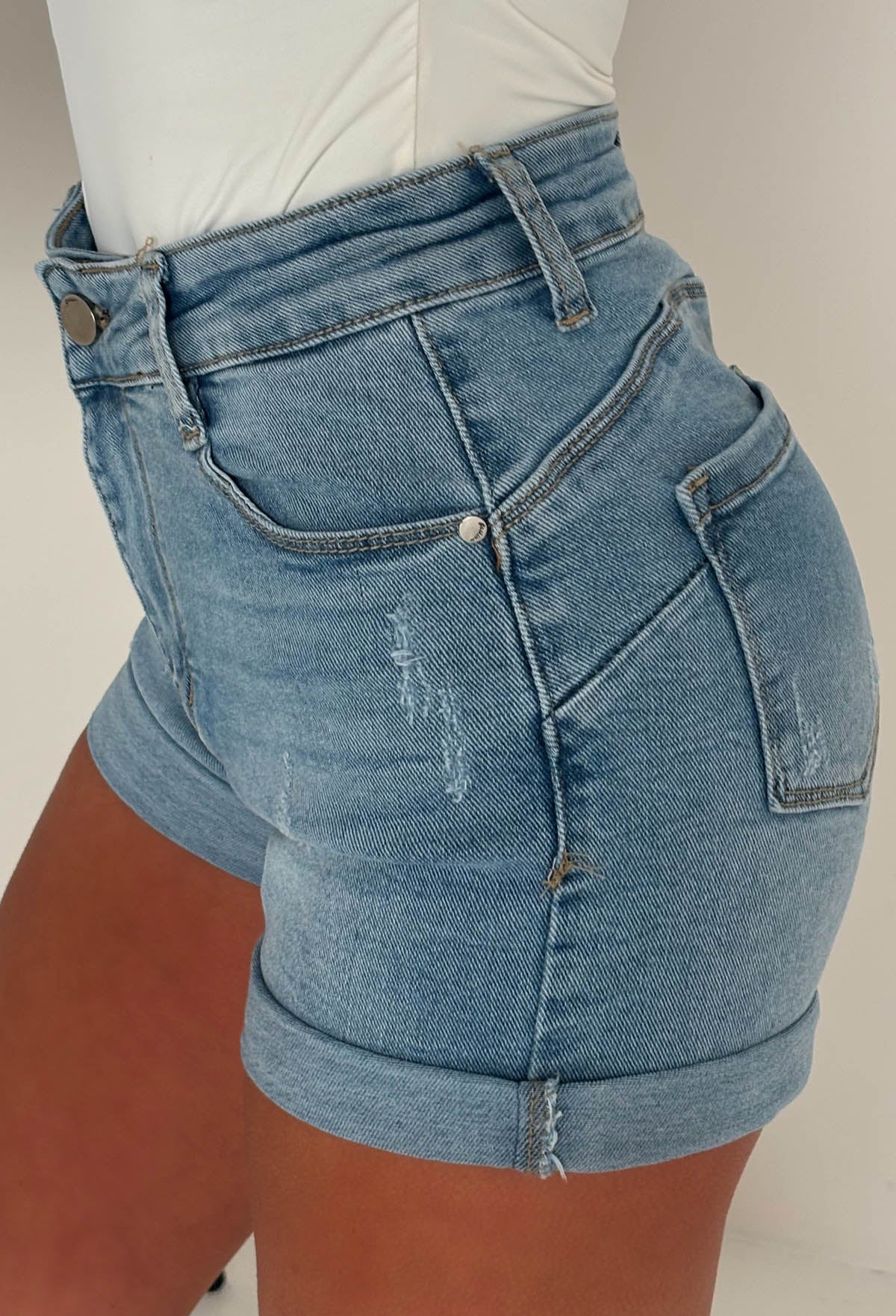 Turn Me Around Mid Wash Stretch Distressed Denim Turn Up Shorts