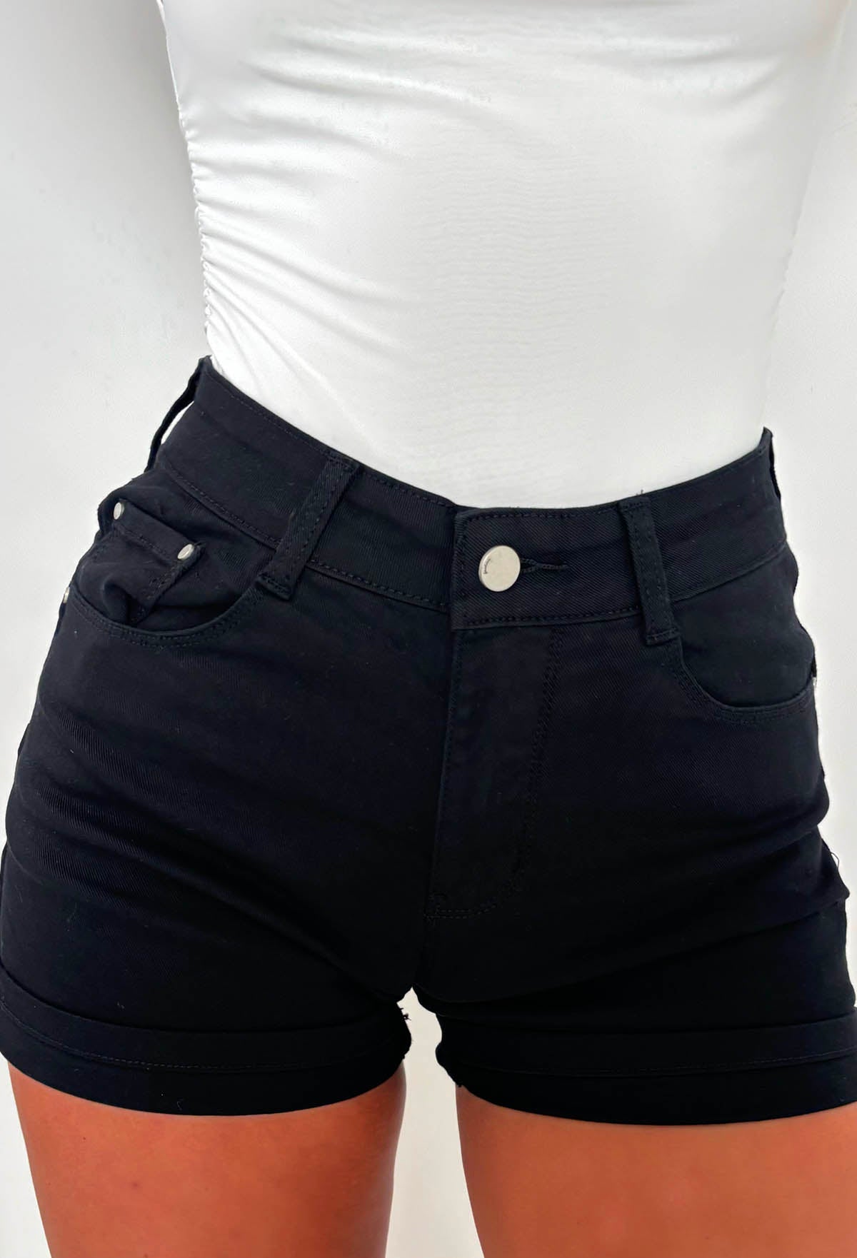 Turning Up Black Stretch Turn Up Bum Shaping Denim Shorts