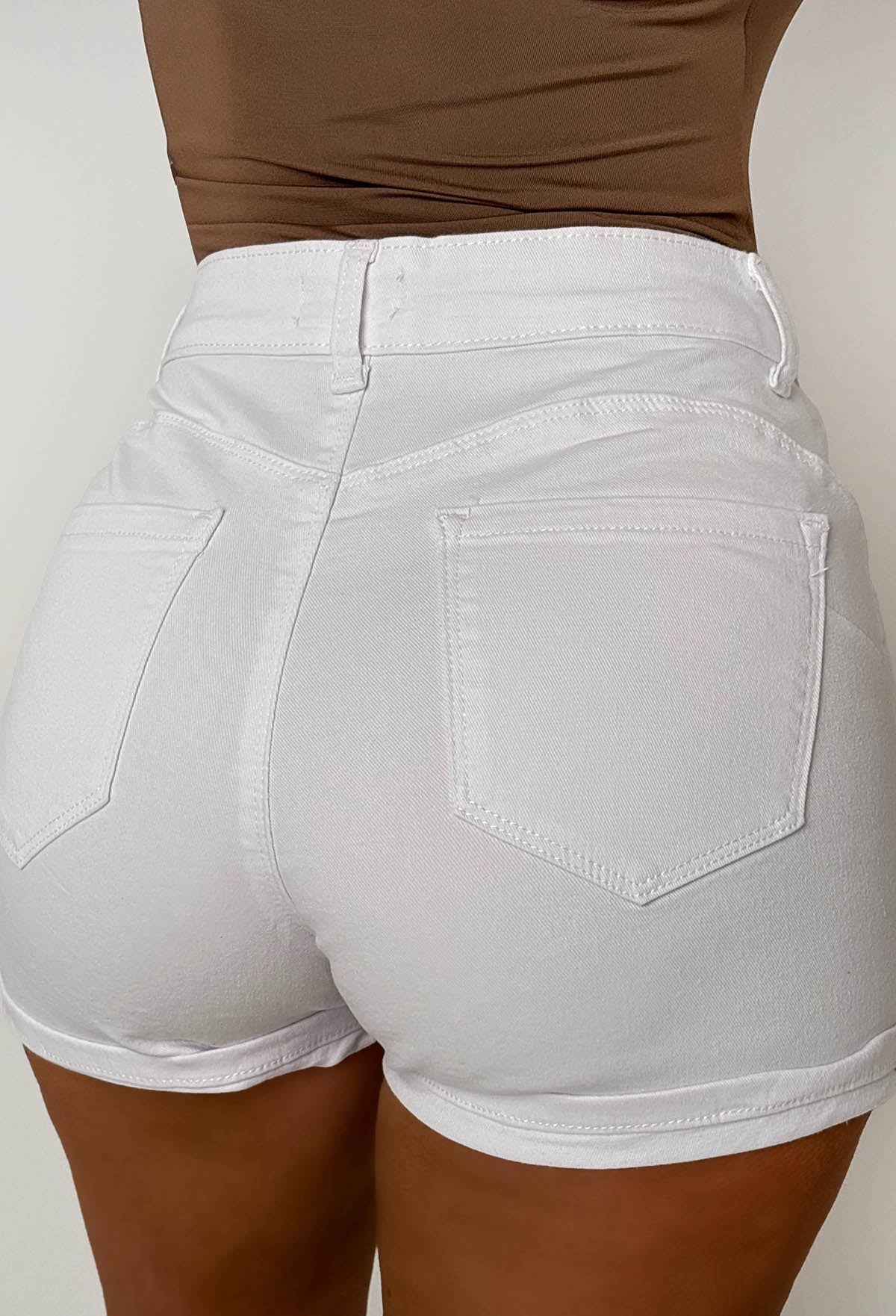 Turning Up White Stretch Turn Up Bum Shaping Denim Shorts