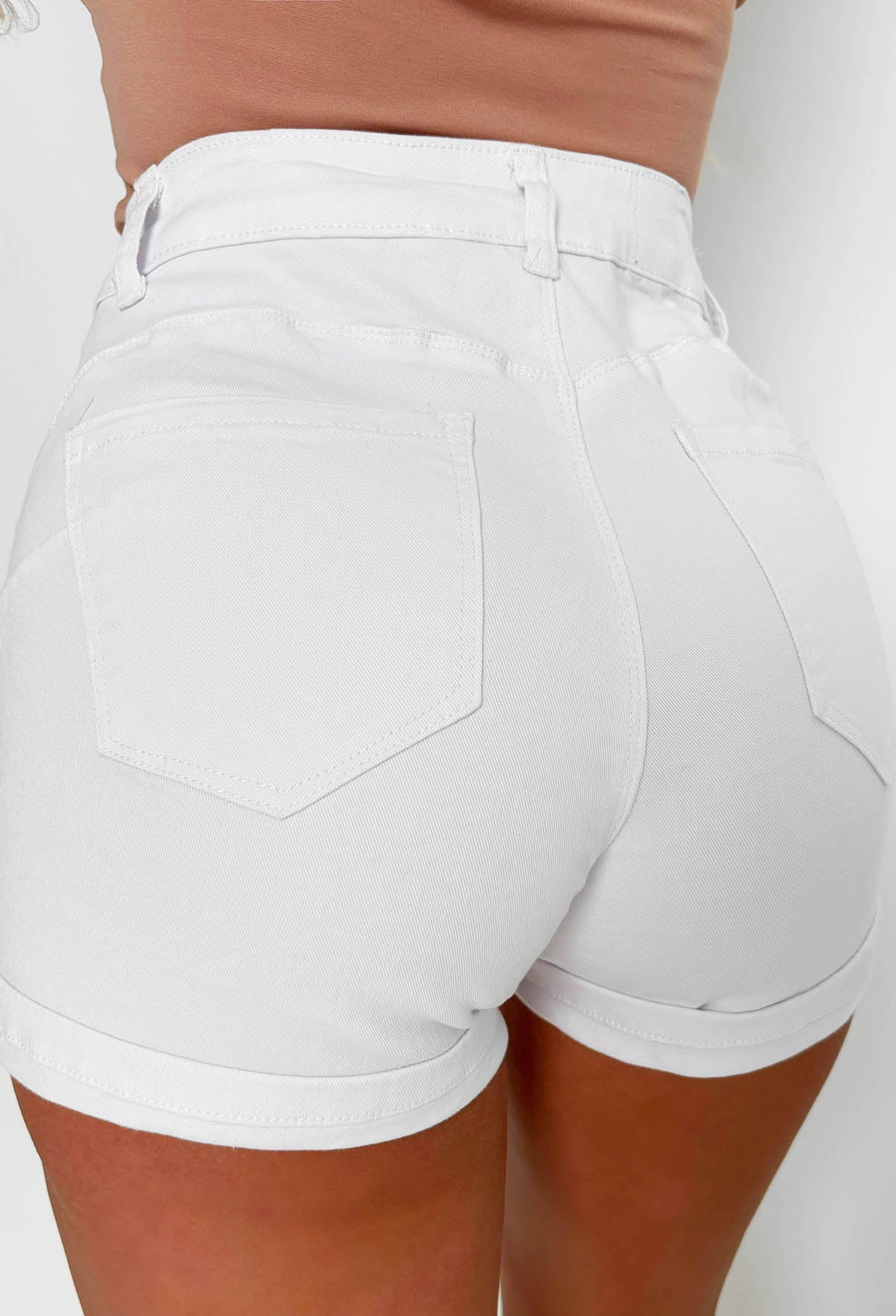 Turning Up White Stretch Turn Up Bum Shaping Denim Shorts