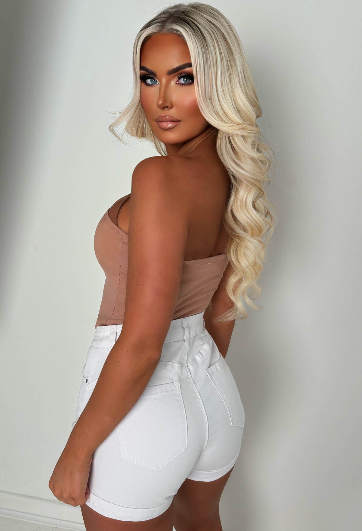 Turning Up White Stretch Turn Up Bum Shaping Denim Shorts