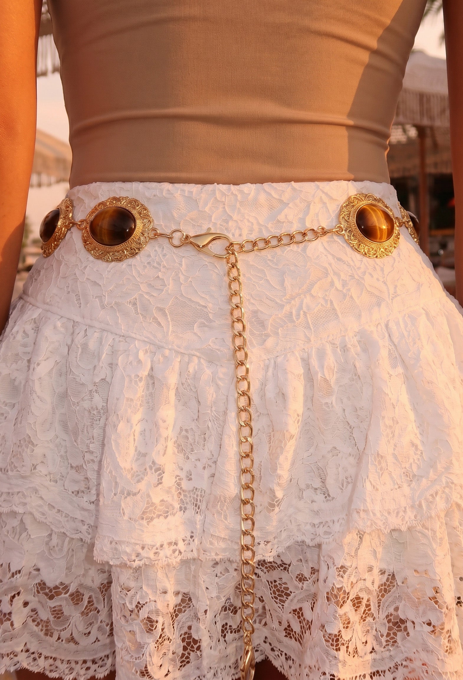 Twin Halo Crystal Gold Chain Belt