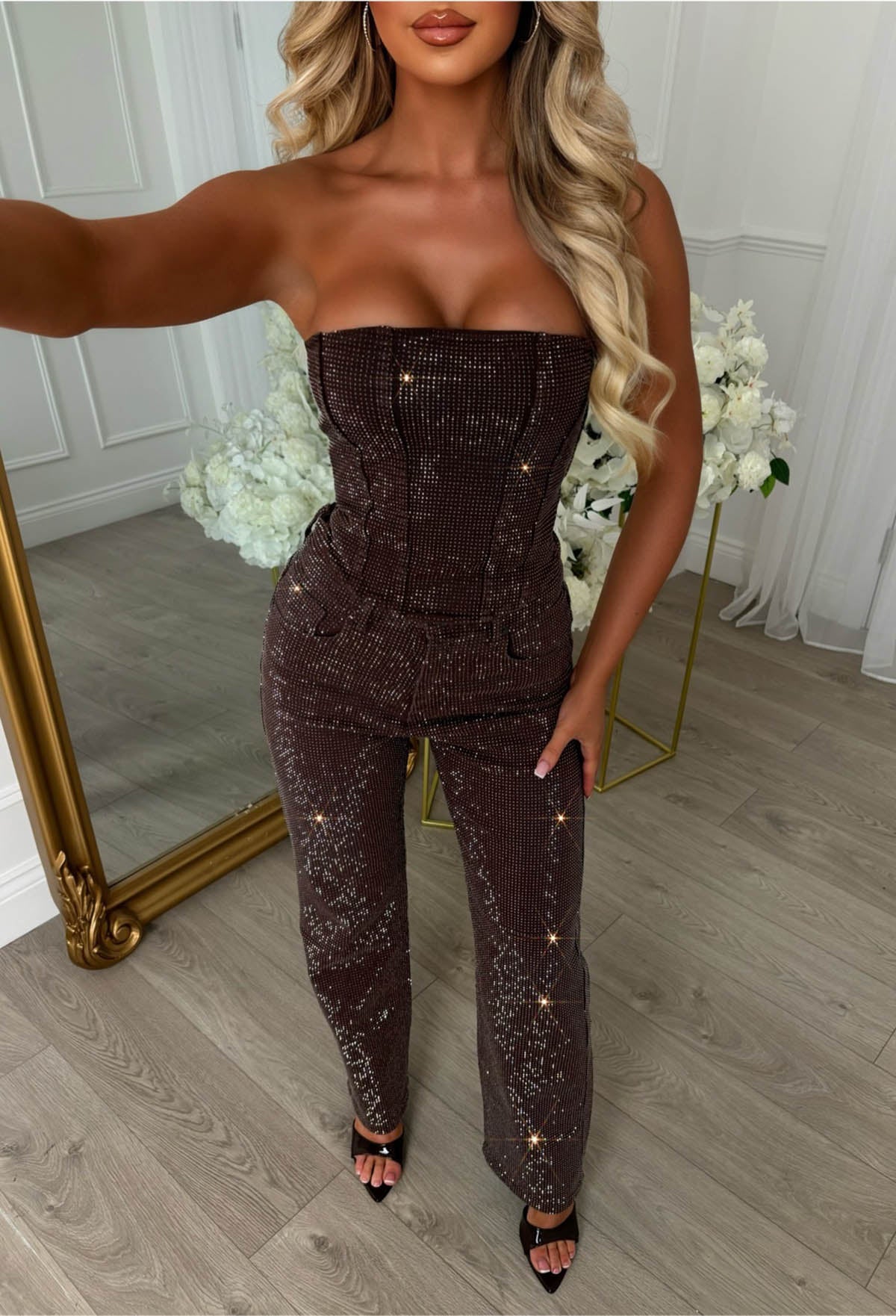 Ultimate Sparkle Brown Straight Leg Stretch Diamante Jeans
