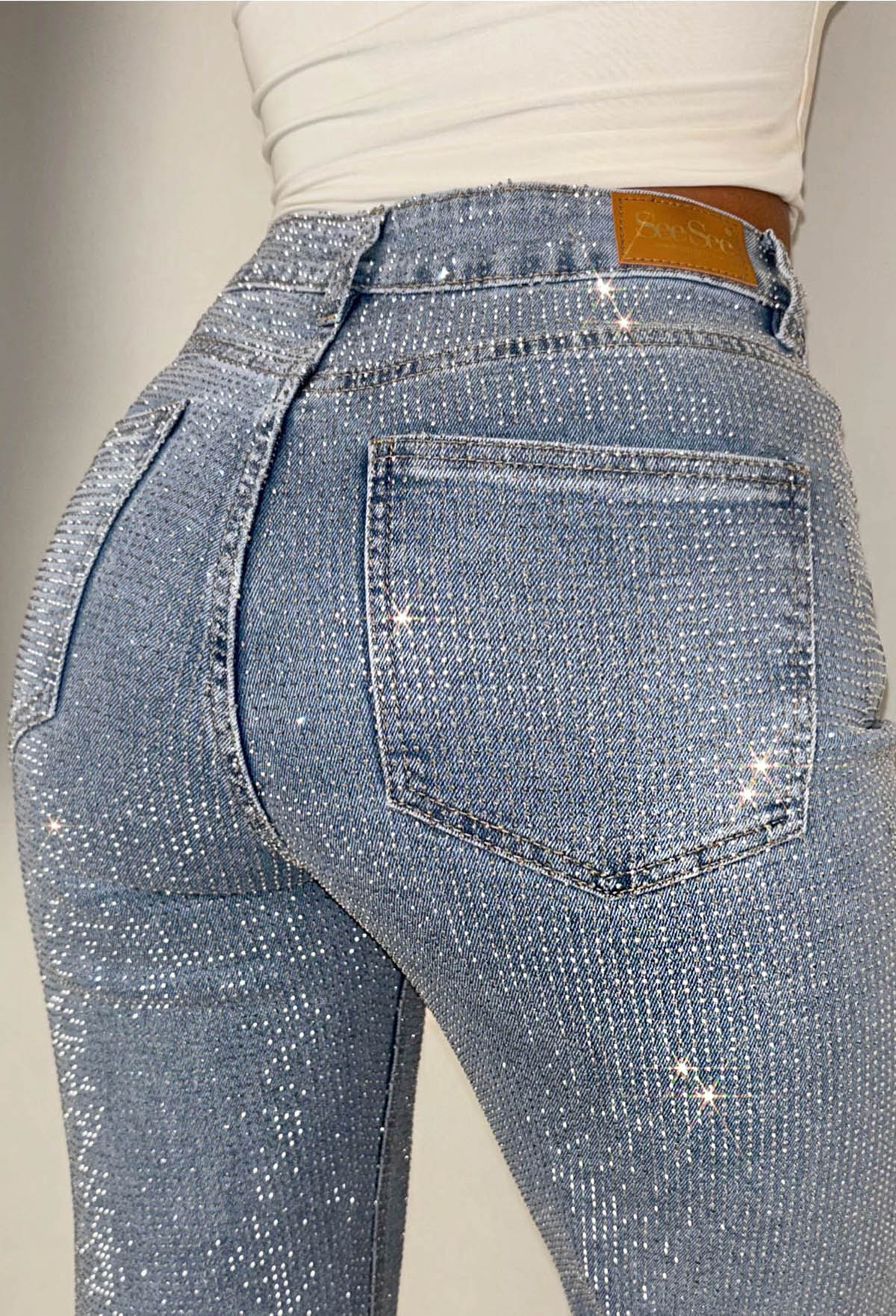 Ultimate Sparkle Mid Blue Straight Leg Stretch Diamante Jeans