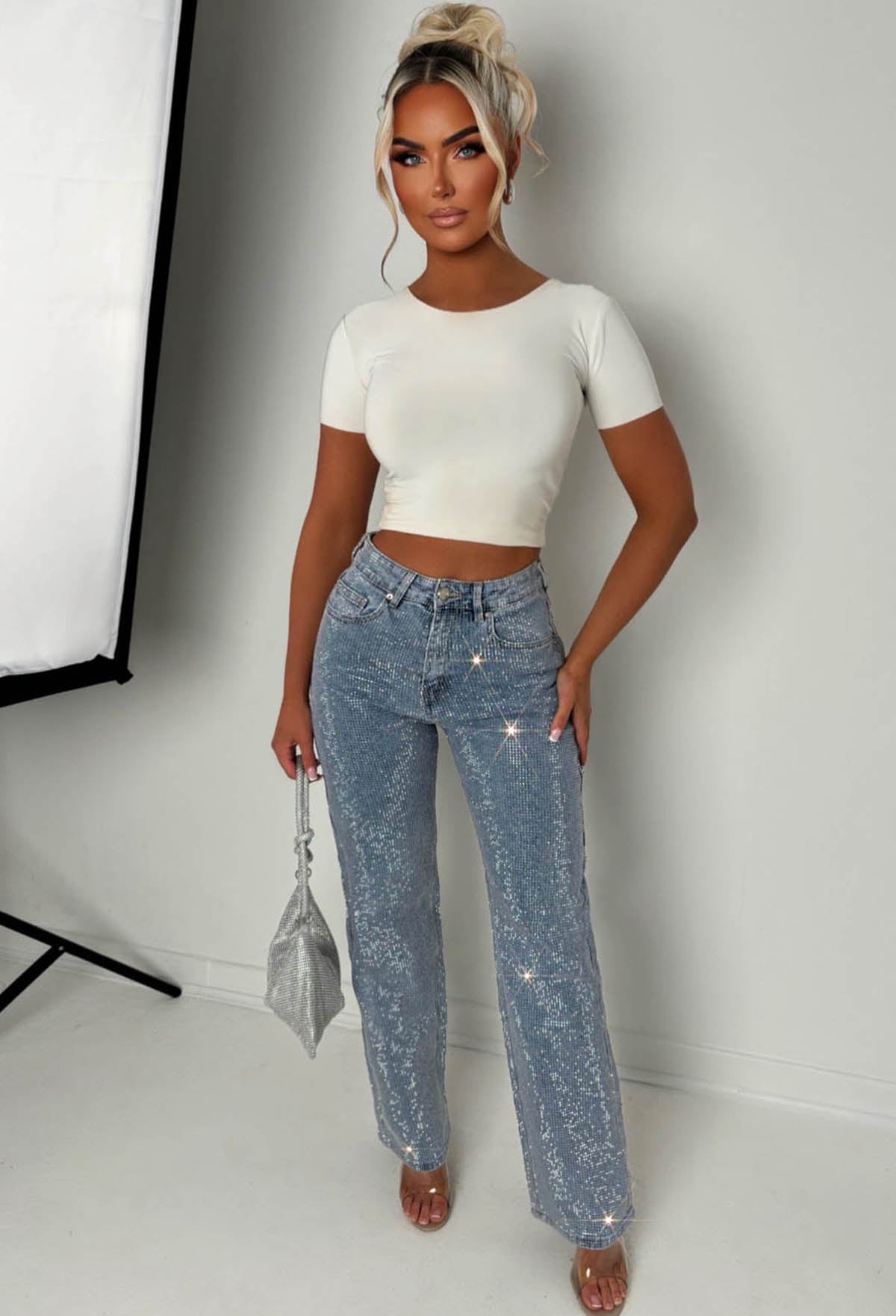 Ultimate Sparkle Mid Blue Straight Leg Stretch Diamante Jeans