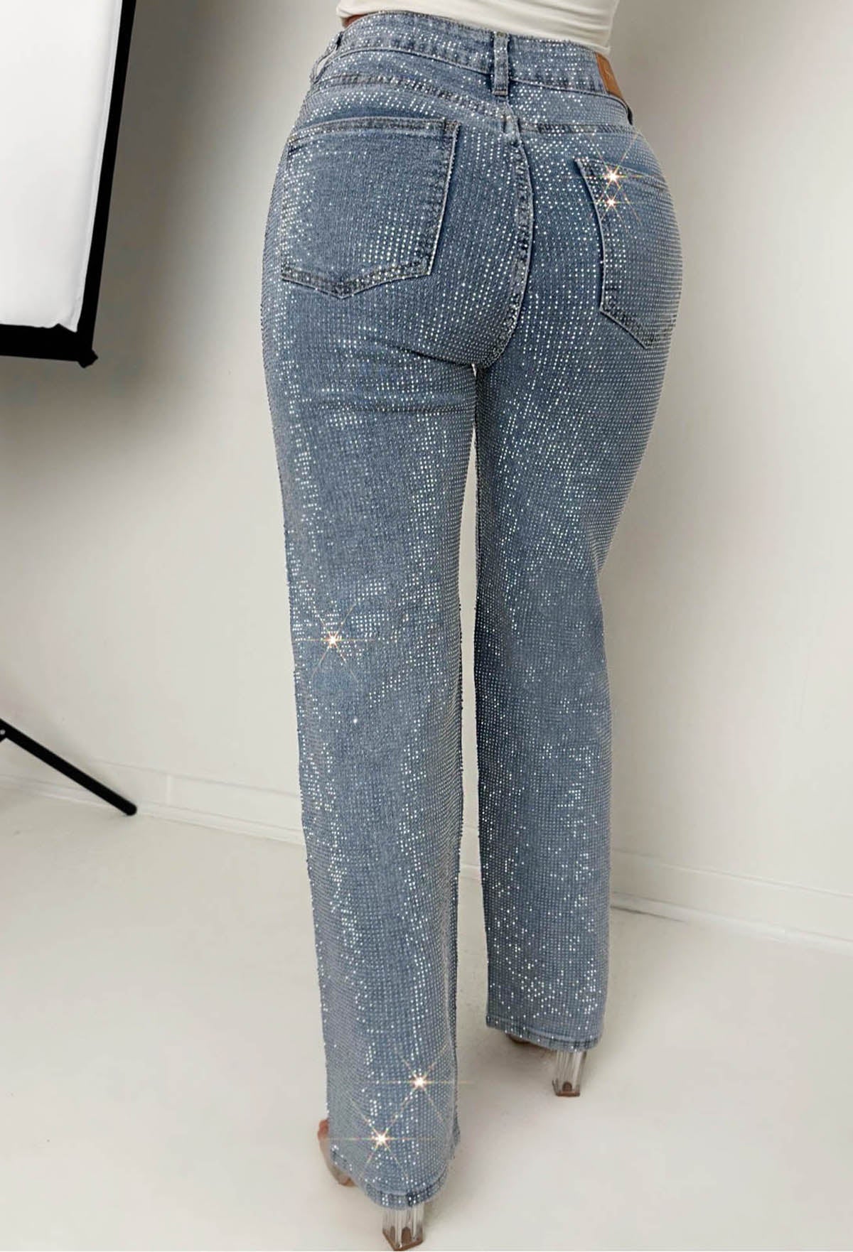 Ultimate Sparkle Mid Blue Straight Leg Stretch Diamante Jeans