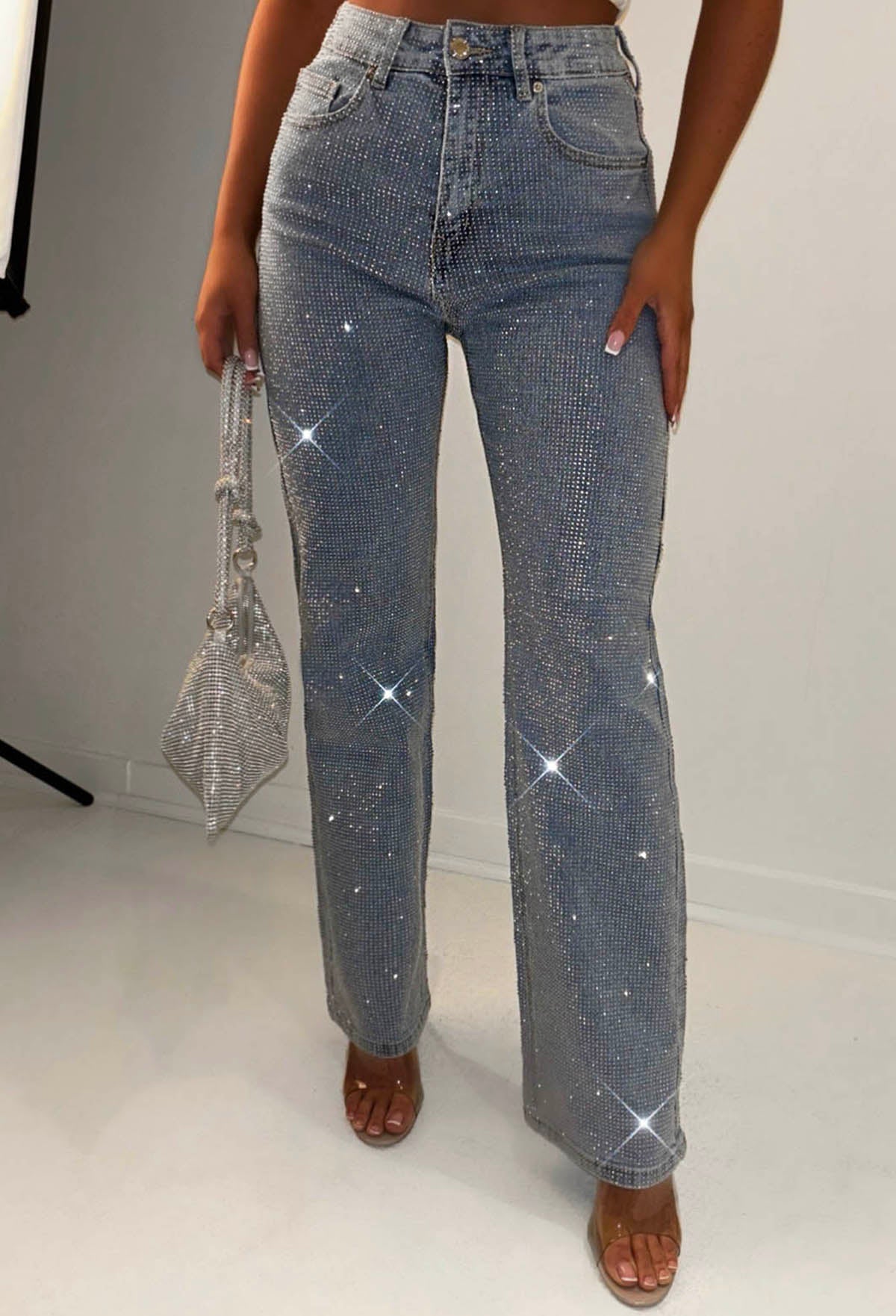 Ultimate Sparkle Mid Blue Straight Leg Stretch Diamante Jeans