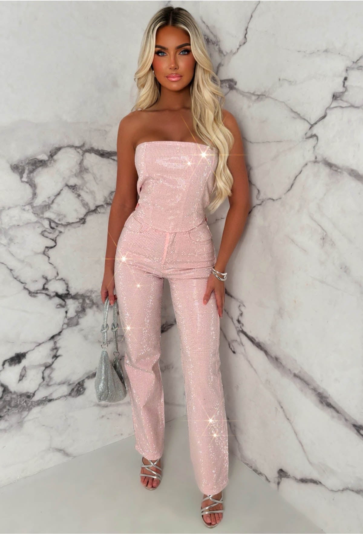 Ultimate Sparkle Pink Straight Leg Stretch Diamante Jeans