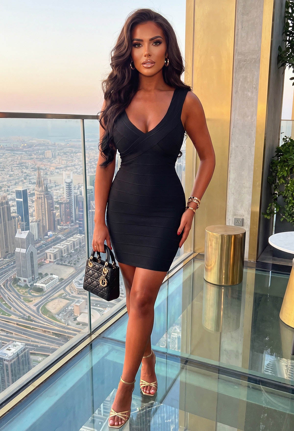 Black Jersey Ribbed Bandage Effect Bodycon Dress