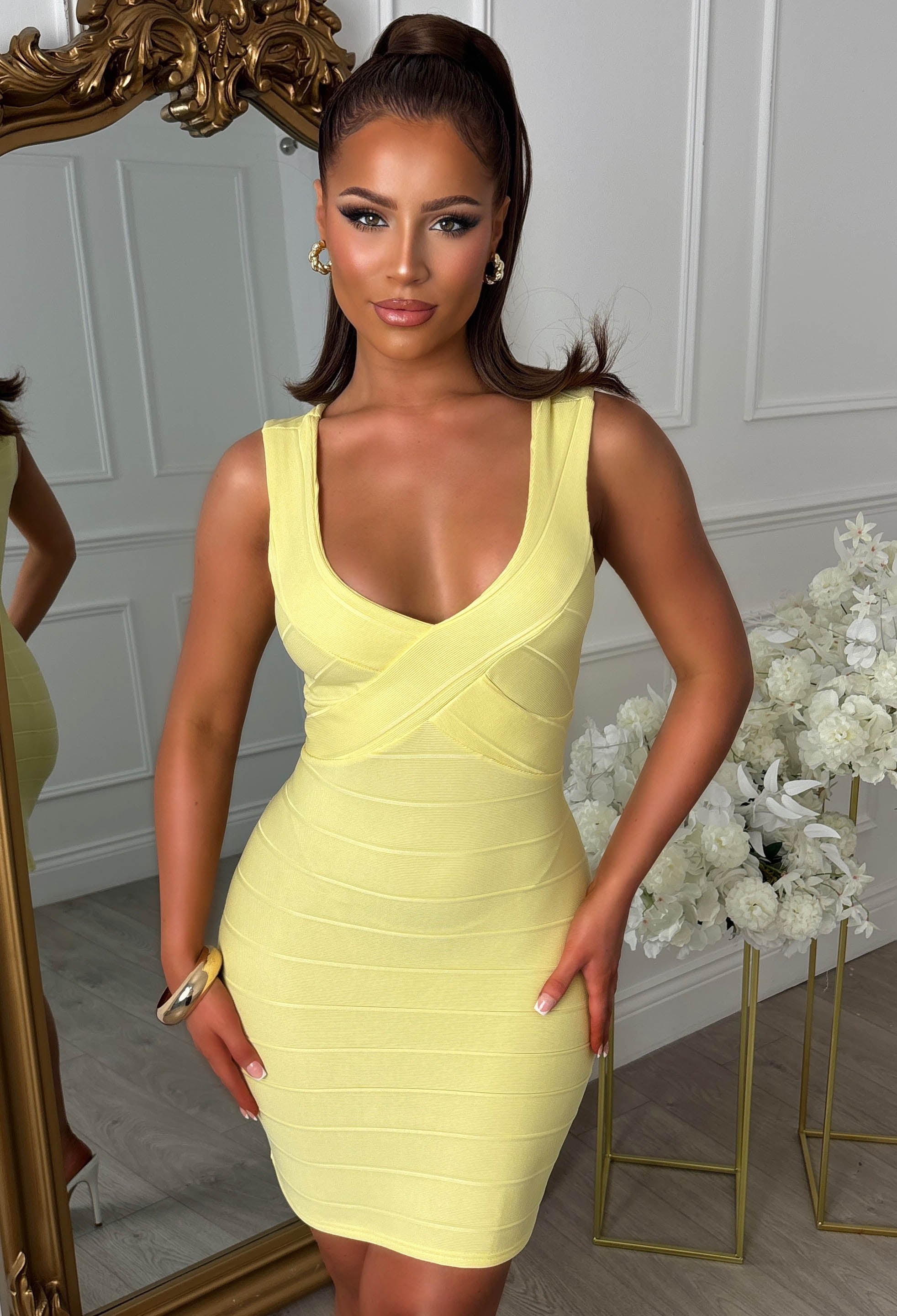 Lemon Jersey Ribbed Bandage Effect Bodycon Dress