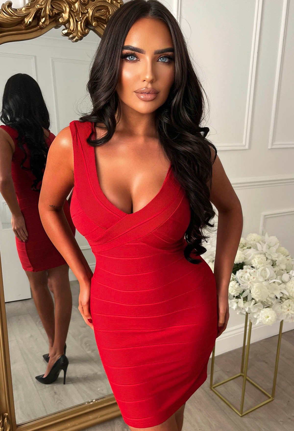 Undeniable Red Jersey Ribbed Bandage Effect Bodycon Dress