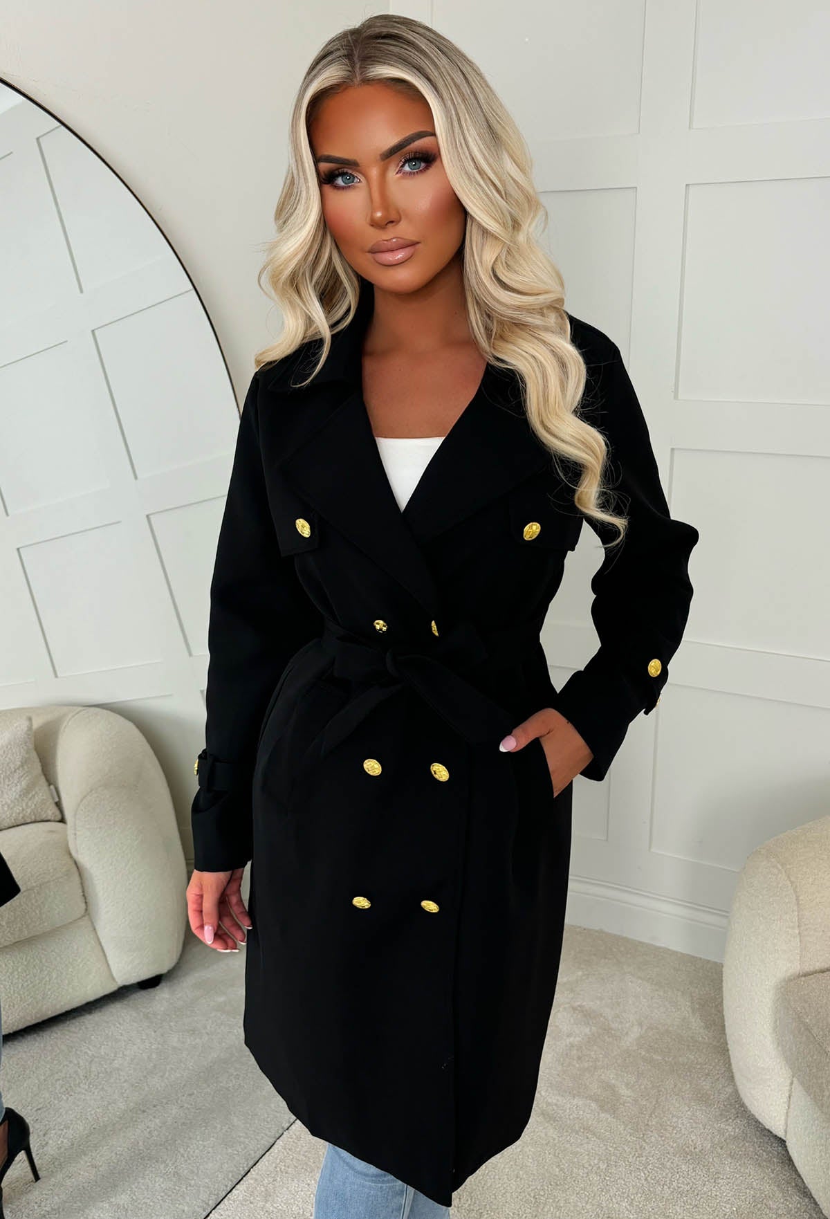 Undercover Chic Black Gold Button Trench Coat