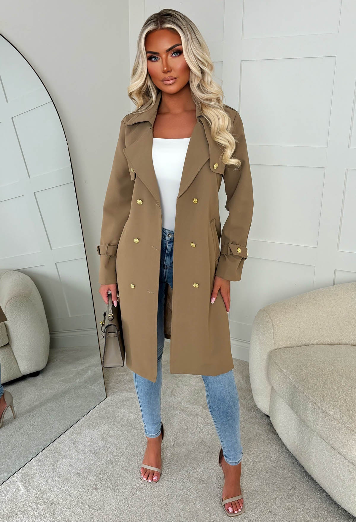 Undercover Chic Camel Gold Button Trench Coat