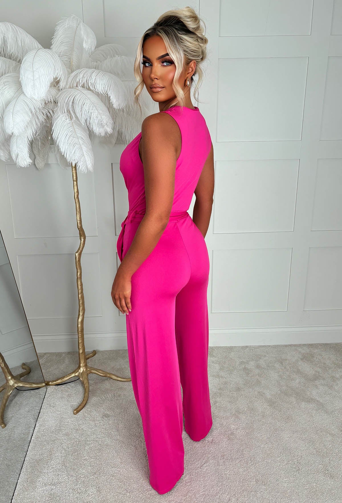 Vacay Tease Fuchsia Cross Front Belted Jumpsuit