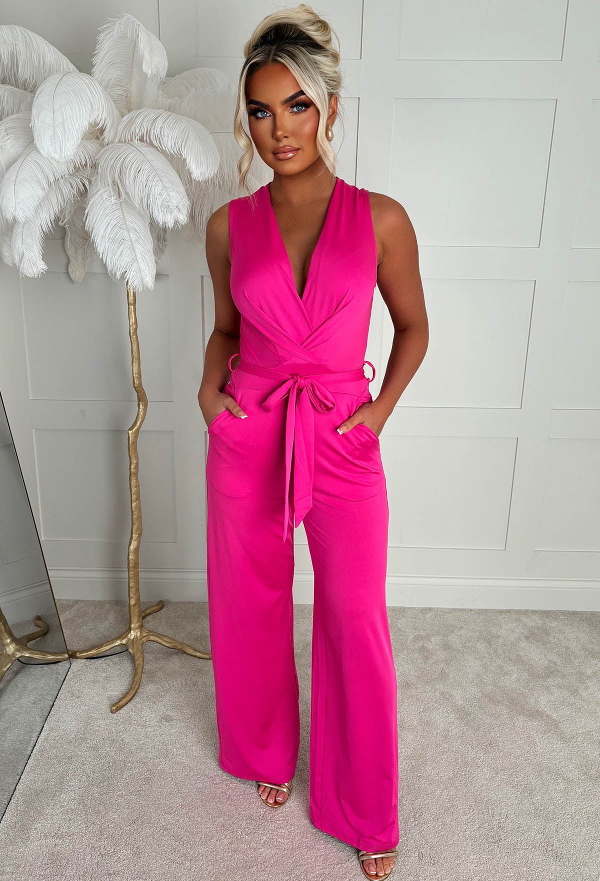 Vacay Tease Fuchsia Cross Front Belted Jumpsuit