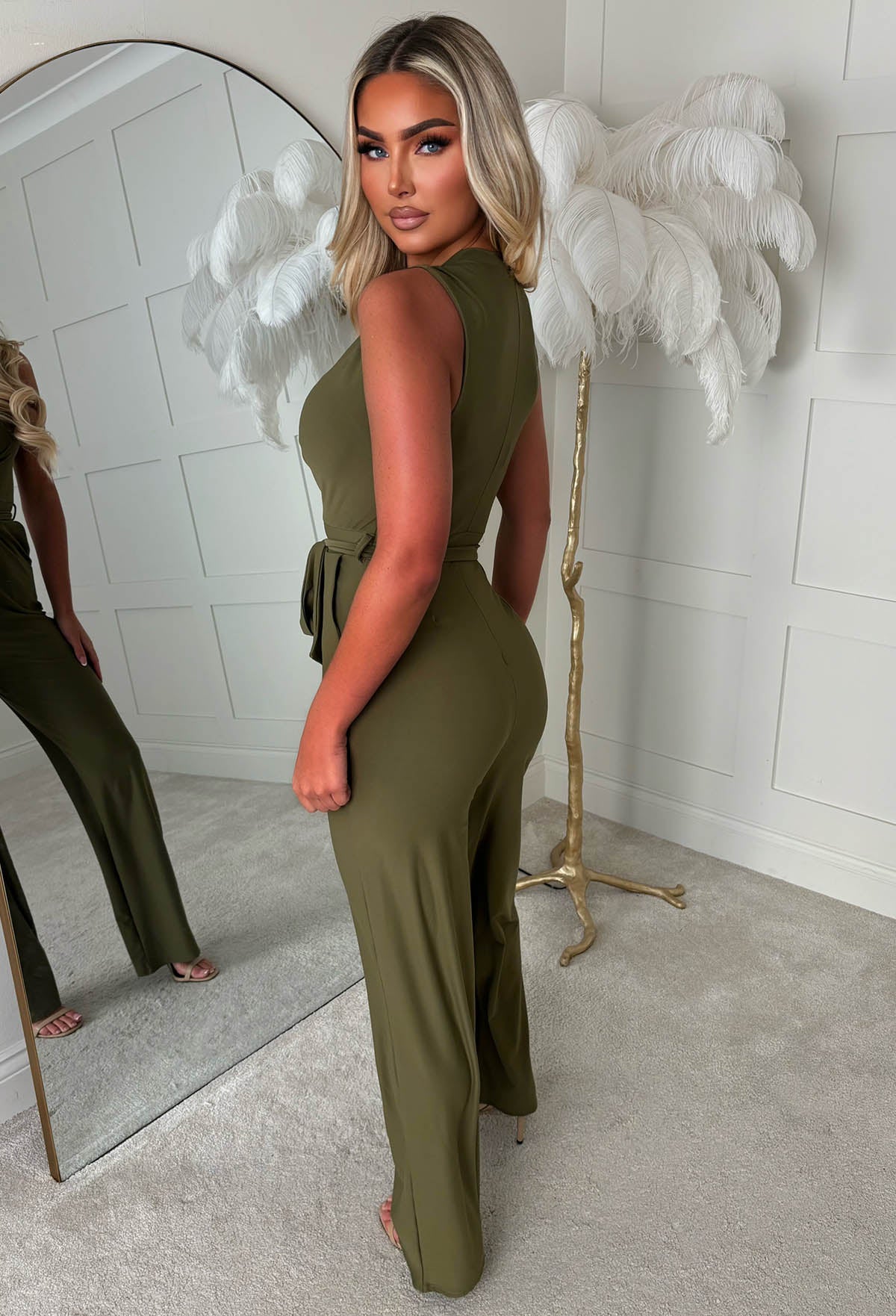 Vacay Tease Khaki Cross Front Belted Jumpsuit