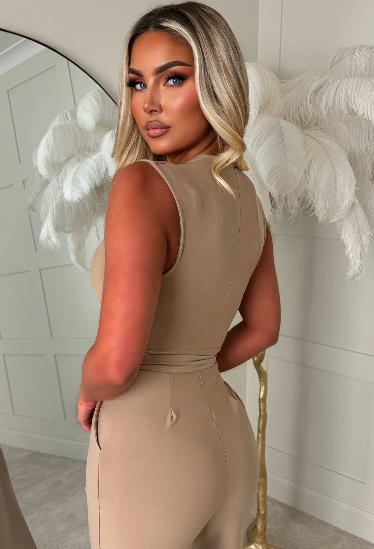 Vacay Tease Taupe Cross Front Belted Jumpsuit