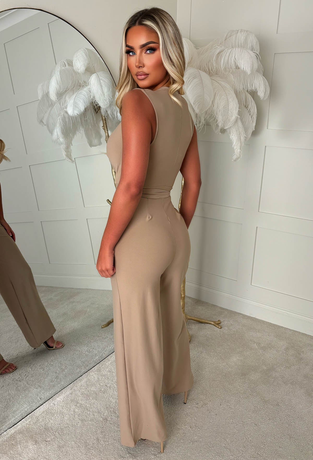 Vacay Tease Taupe Cross Front Belted Jumpsuit