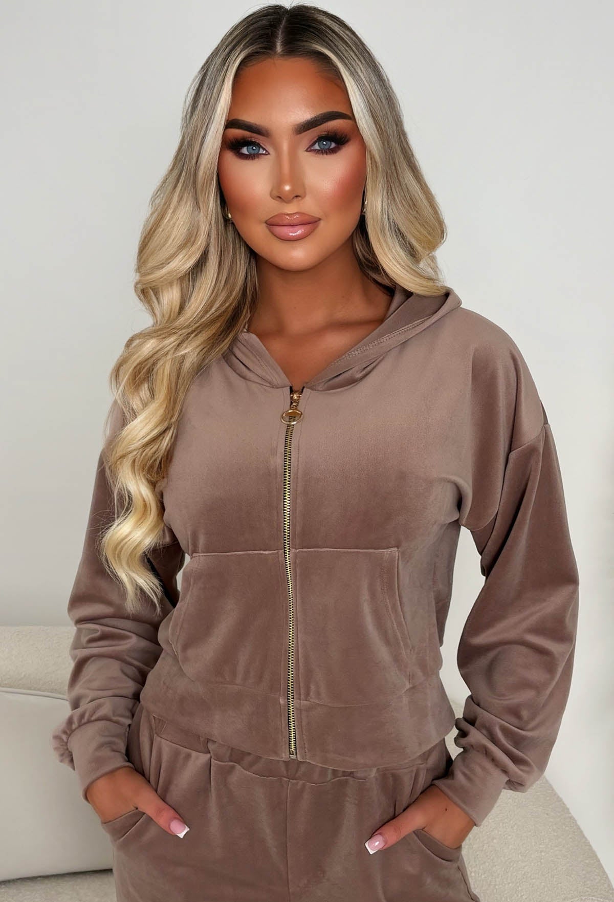 Velour Bliss Mocha Zip Up Lounge Co-Ord Set
