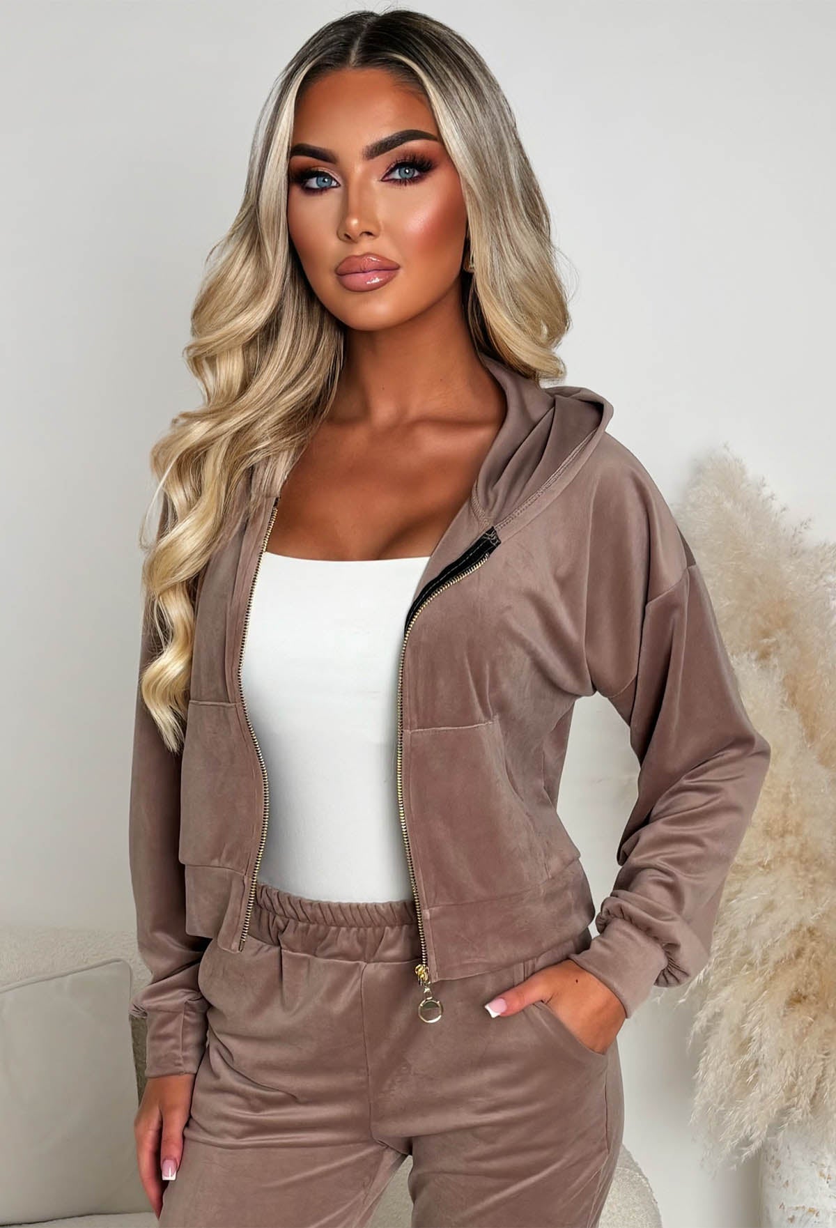 Velour Bliss Mocha Zip Up Lounge Co-Ord Set