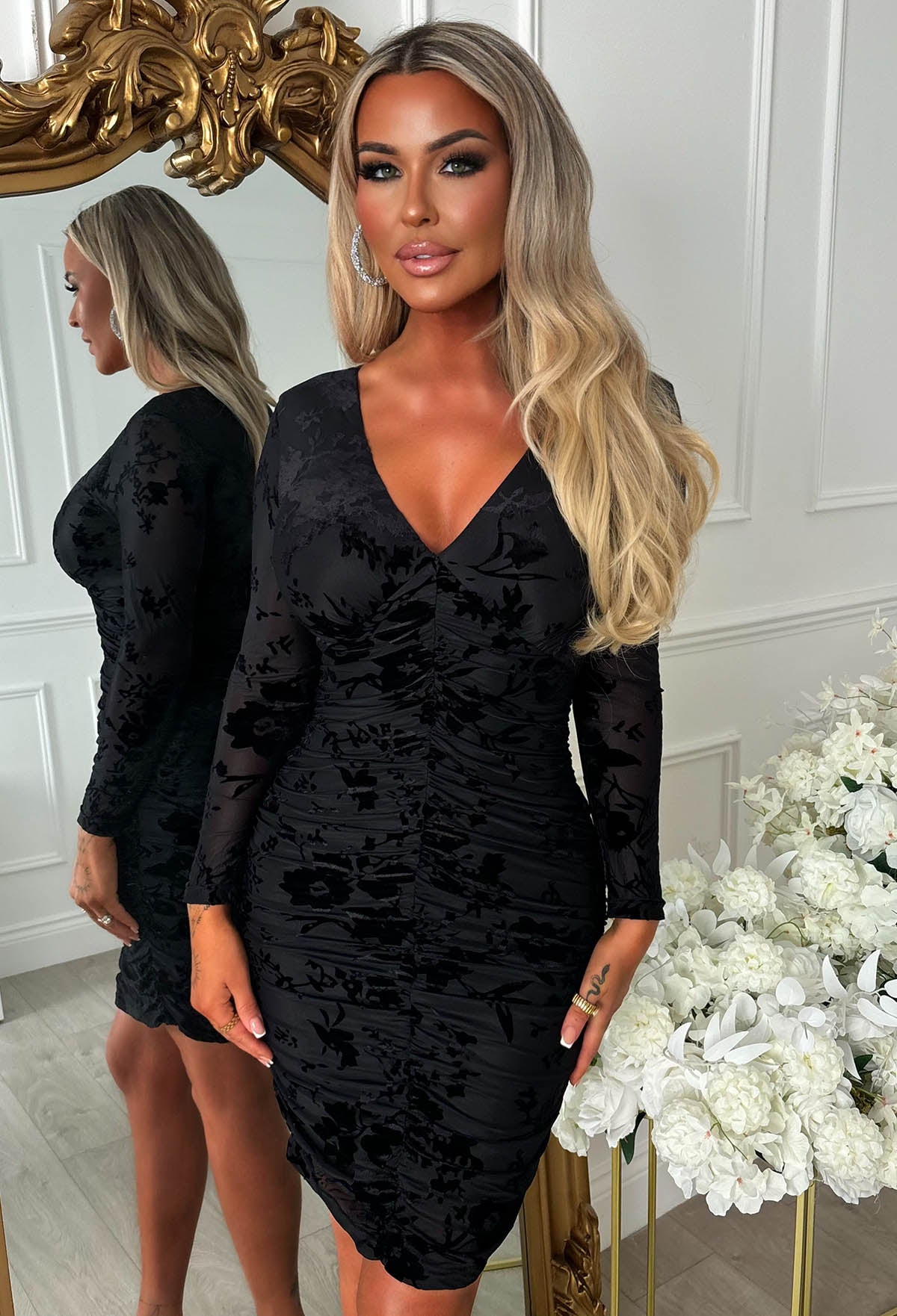 Velvet Charm Black Ruched Front Burnout Velvet Dress