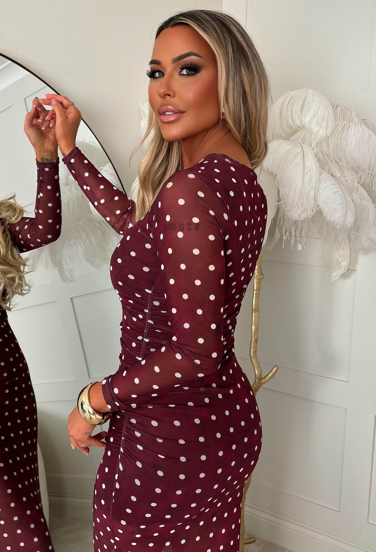 Venus Vibes Burgundy Spot Ruched Side Midi Dress